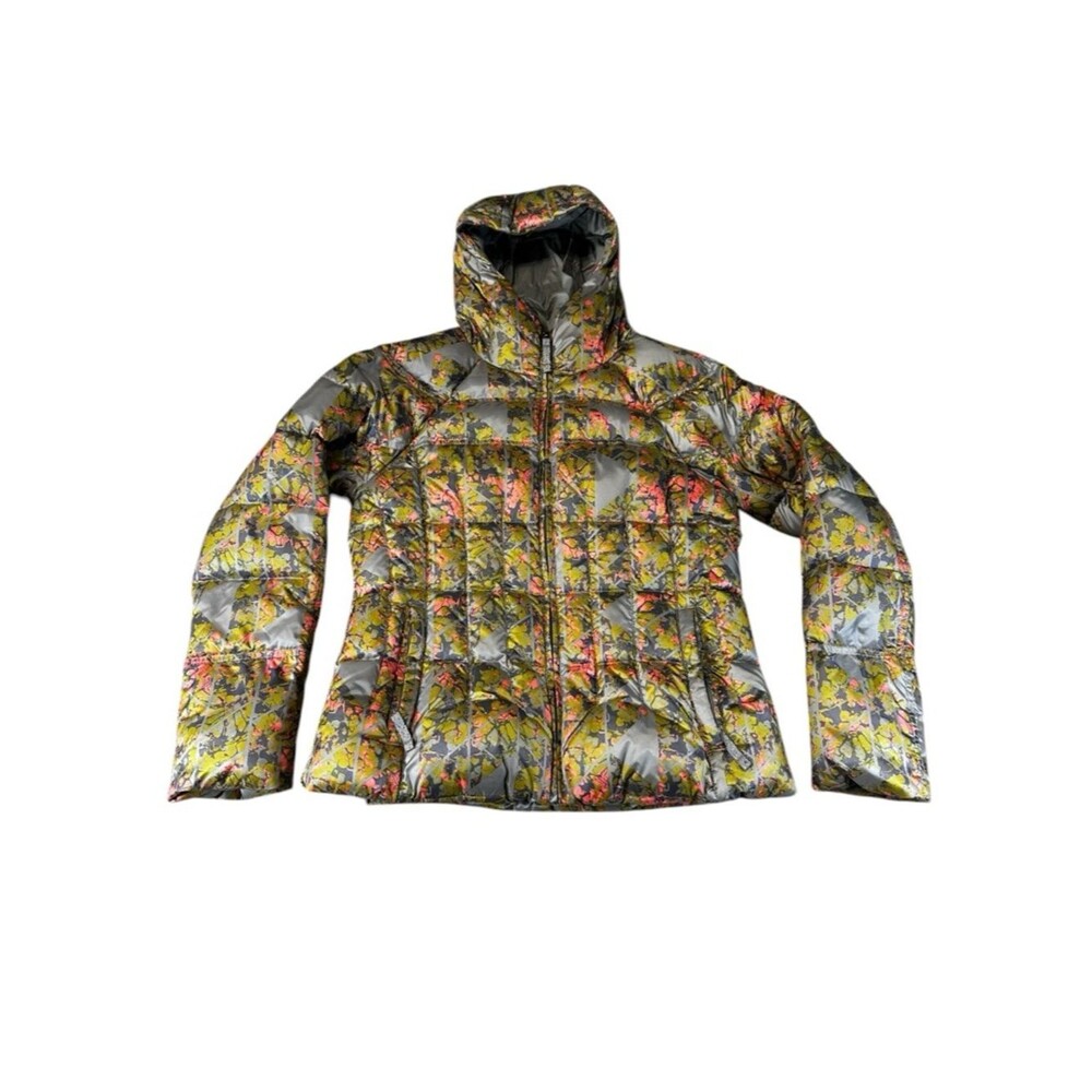 prAna Imogen Down Jacket W Medium Hooded Earth Gray Wildflower Floral Puffer